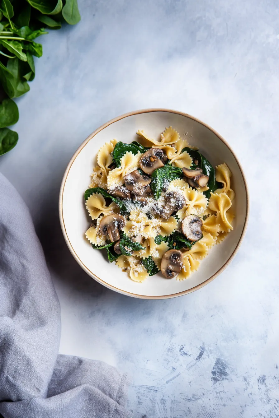 A hearty serving of pasta with greens stirred in.