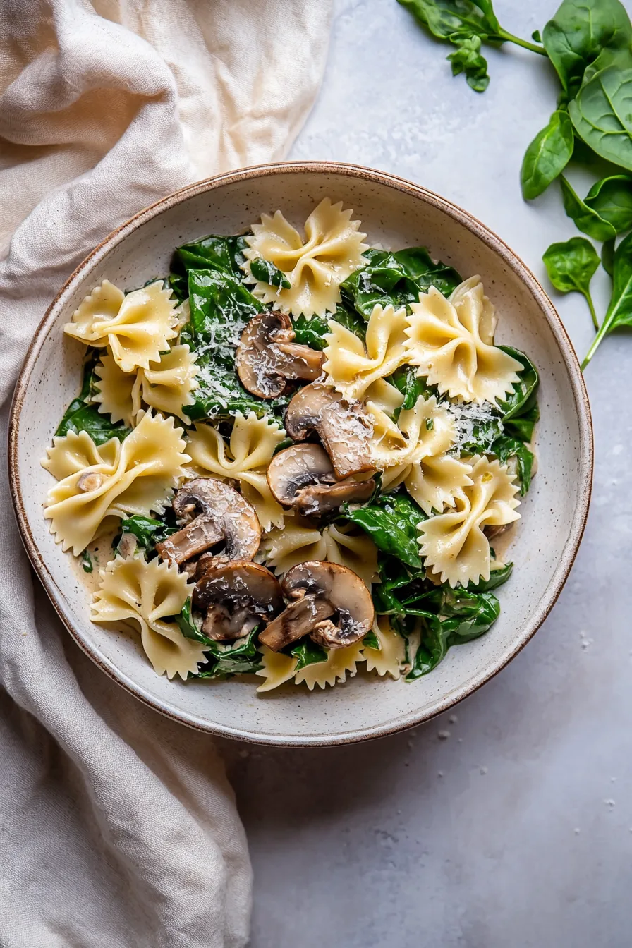 Top-down view of a warm pasta dish mixed with sautéed vegetables.