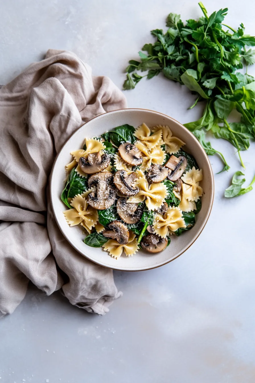 Final plated serving of pasta with greens and vegetables throughout.