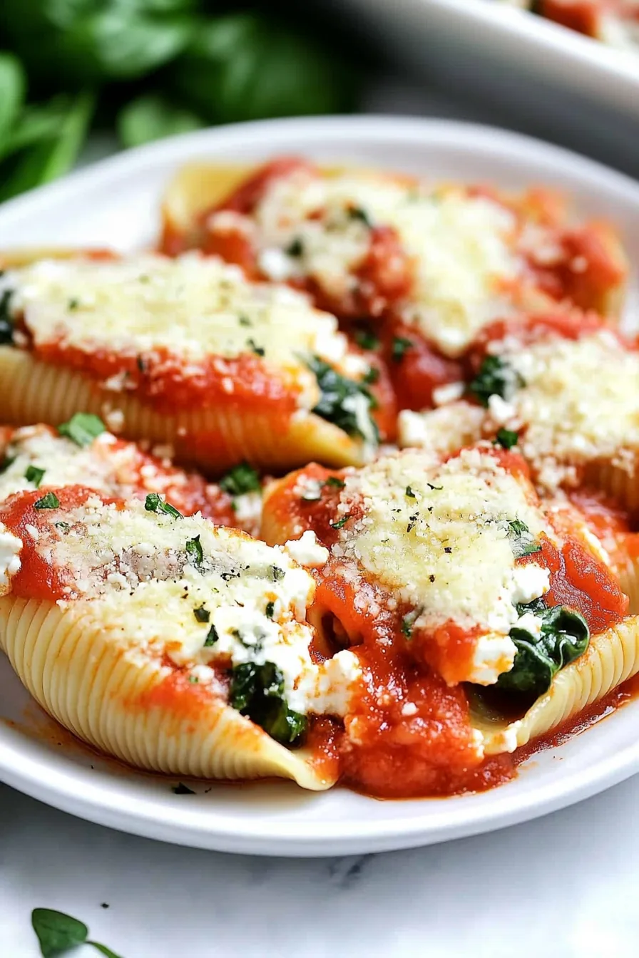 Baked pasta shells arranged in a dish, covered in tomato sauce with a sprinkle of cheese.