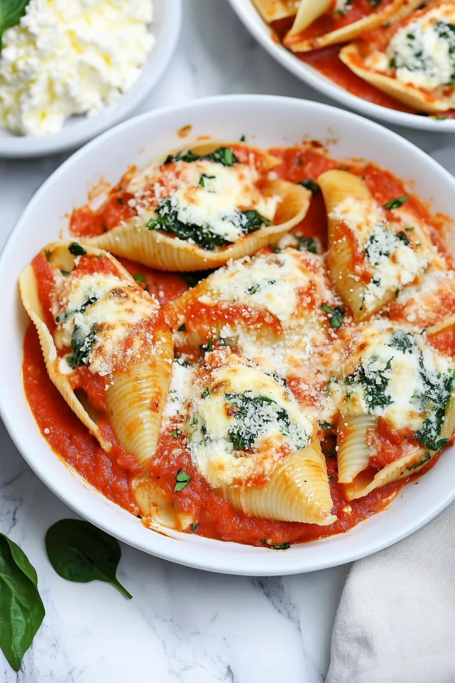 Cheesy spinach-filled shells served with a layer of warm marinara sauce.