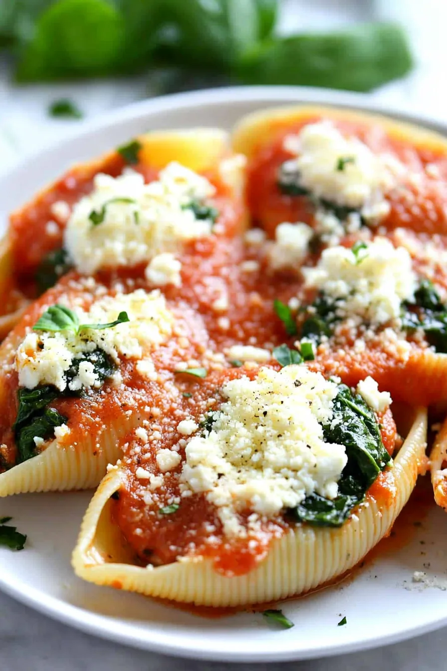 Close-up of stuffed shells on a plate, showing the ricotta, spinach, and baked tomato sauce.
