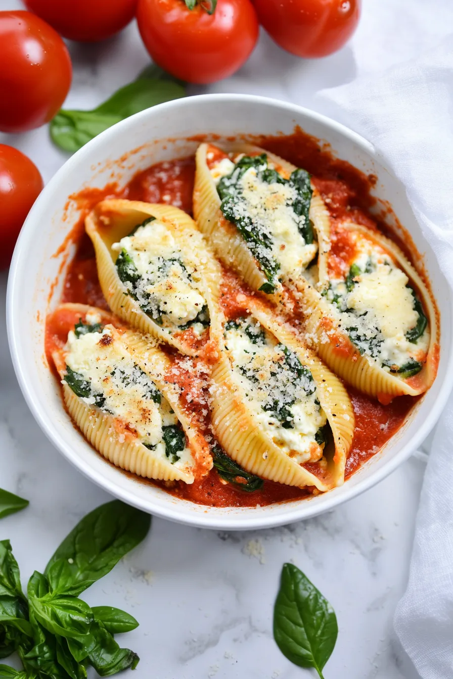 Final plated dish of stuffed pasta shells with spinach, ricotta, and a generous topping of sauce and parmesan.