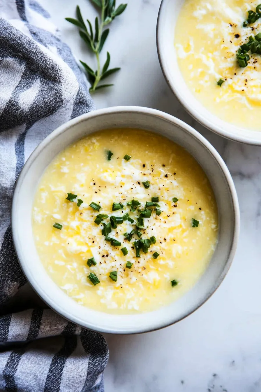 Warm bowl of egg-drop soup topped with fresh parsley.