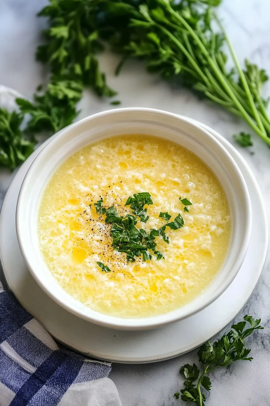 Close-up of creamy Italian-style broth with egg ribbons and herbs.