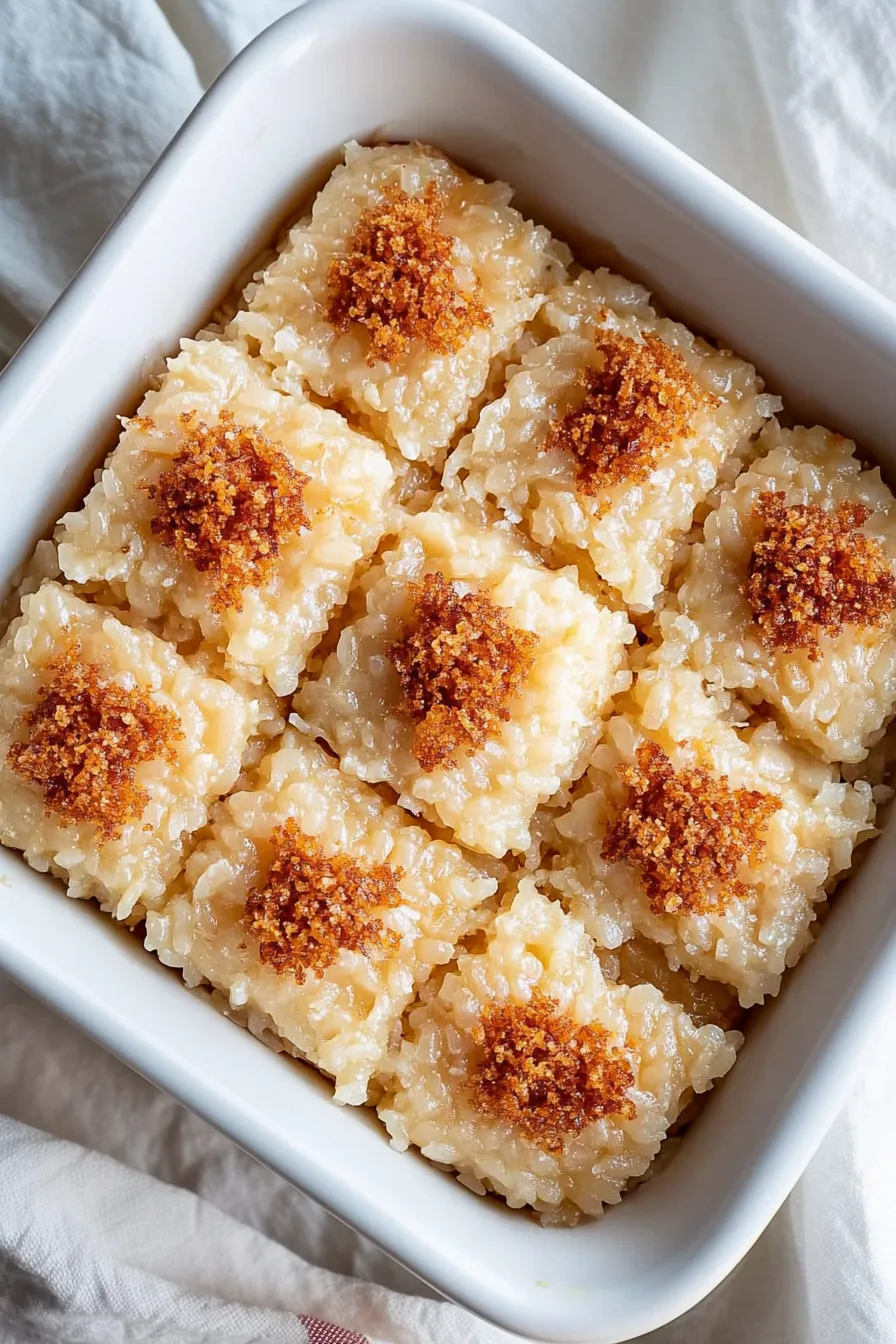 A pan of traditional Filipino rice cake showing its soft, sticky texture and rich brown toppings.