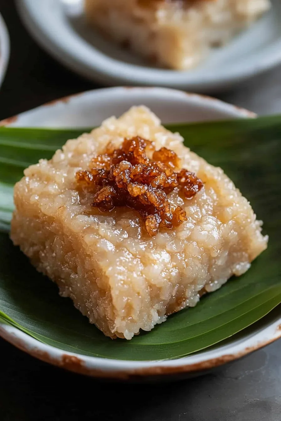 Close-up of glutinous rice dessert with a glossy coconut finish and crunchy latik on top.