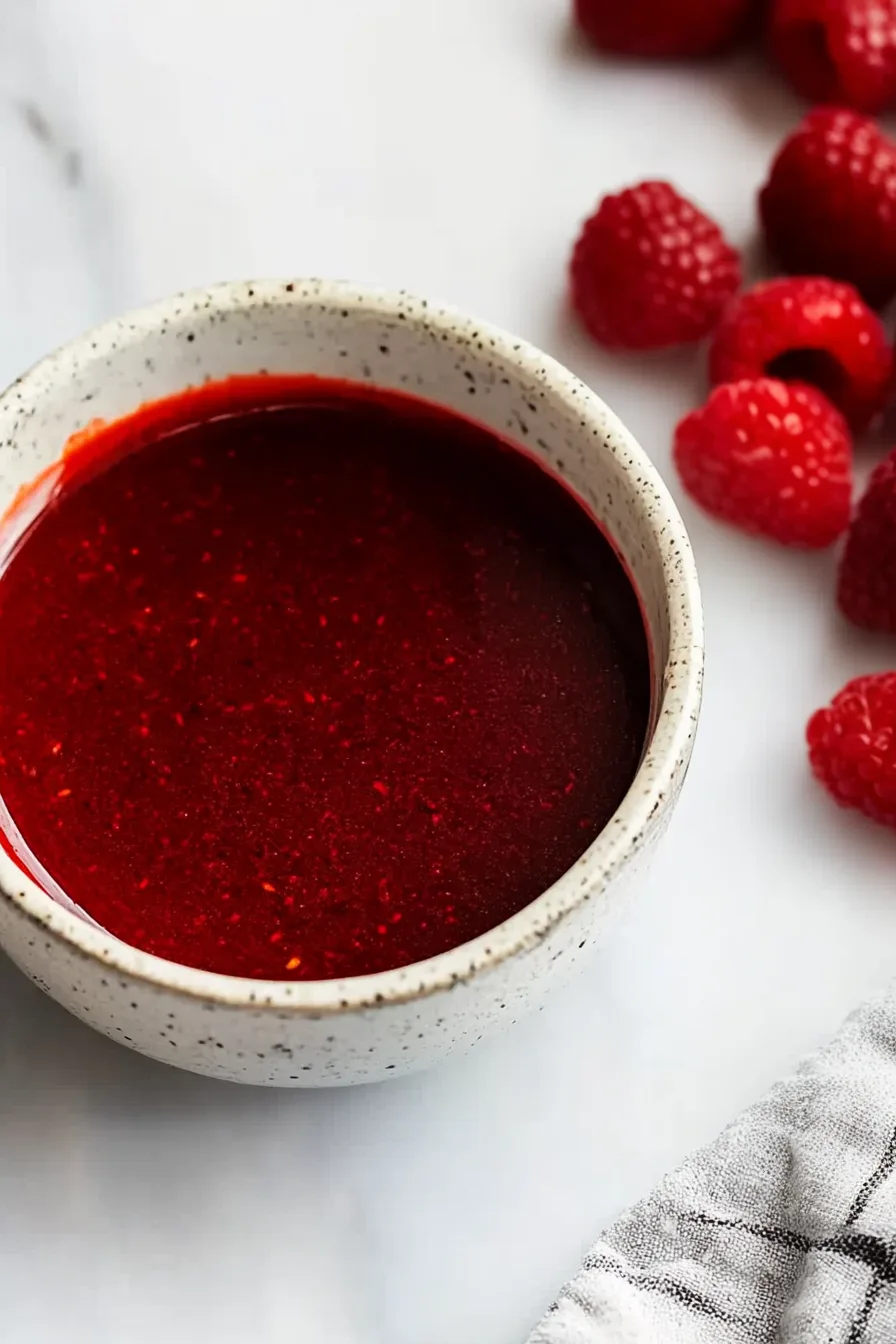Overhead shot of a dipping sauce served alongside with berries.