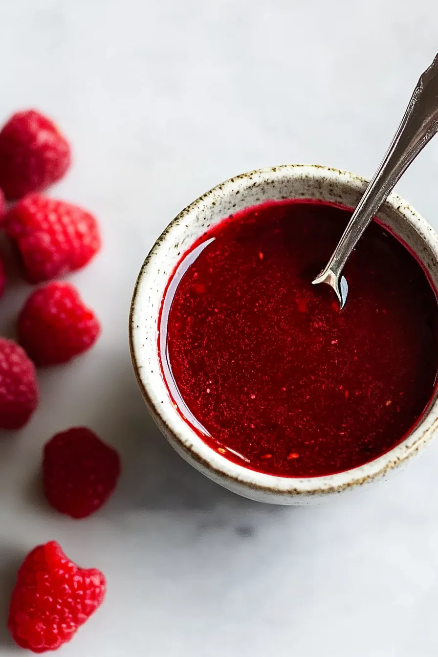 Small bowl filled with a glossy red sauce and a spoon resting on it.