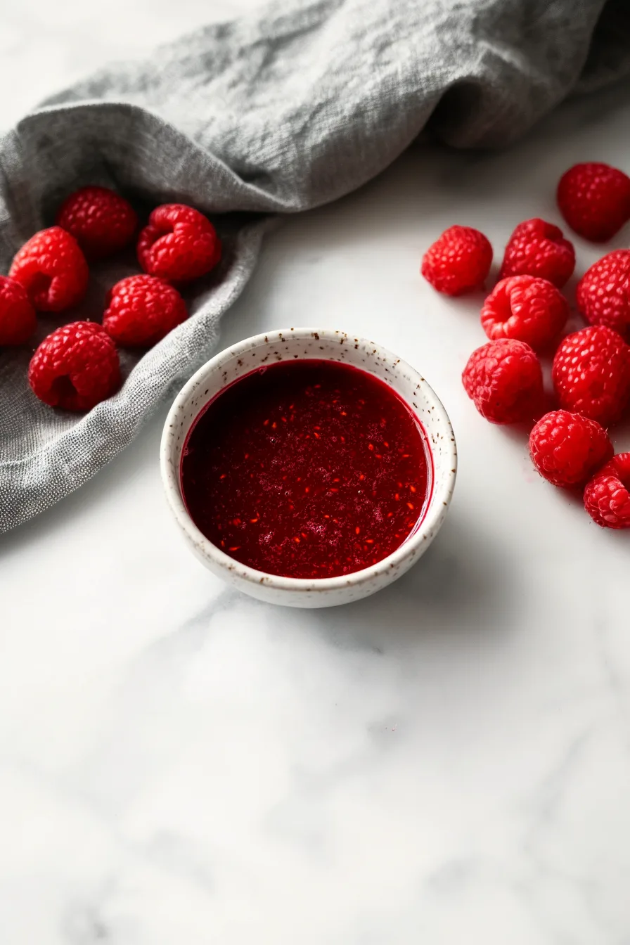 Small bowl filled with a glossy red sauce, topped with sesame seeds and served with fresh raspberries.
