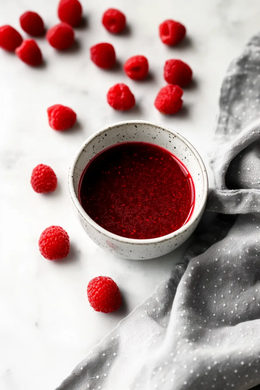 Overhead view of a dipping sauce surrounded by scattered berries.