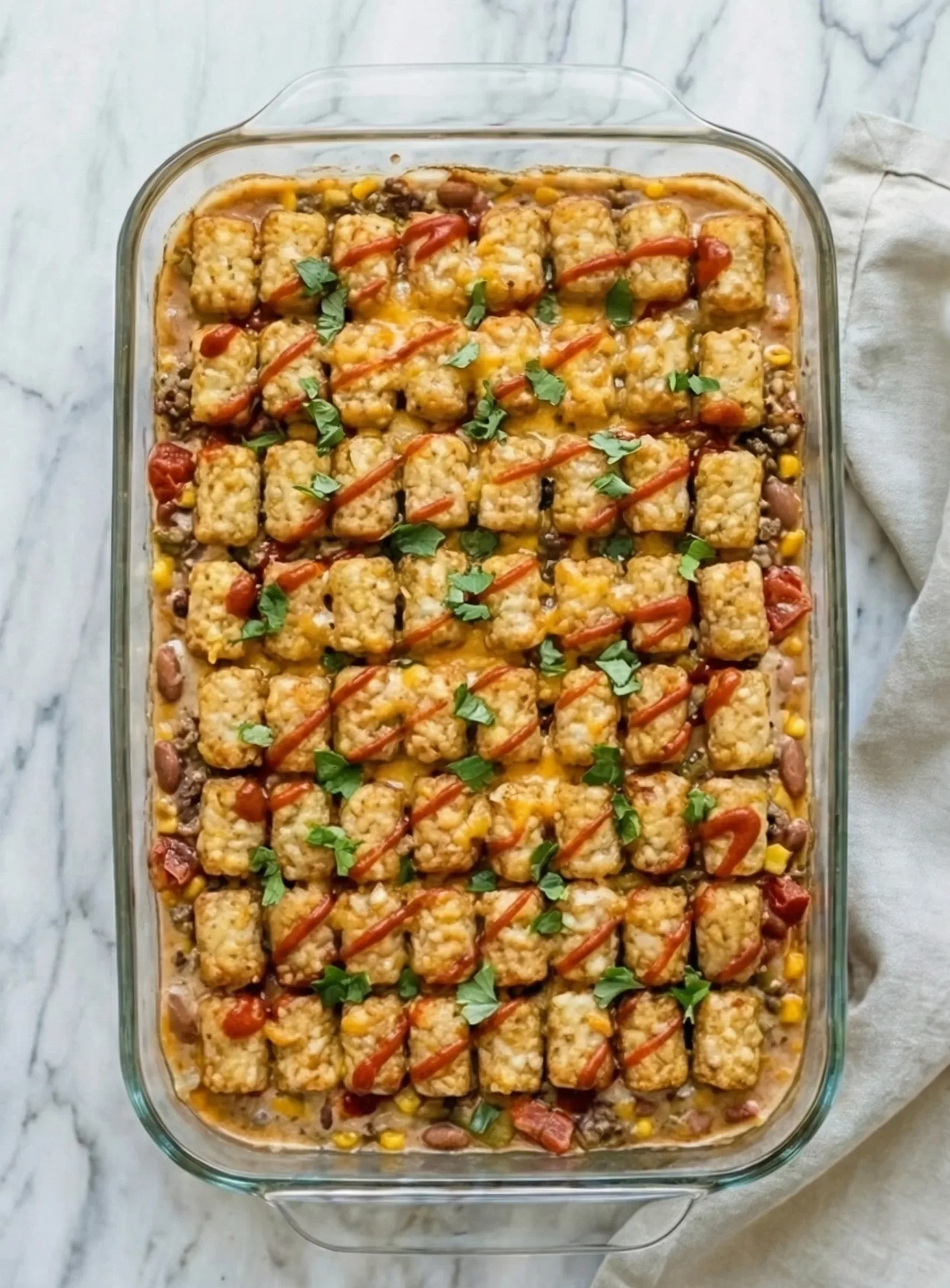 Tater Tot Cowboy Casserole baked with crispy tater tots melted cheese ground beef beans and corn in glass baking dish
