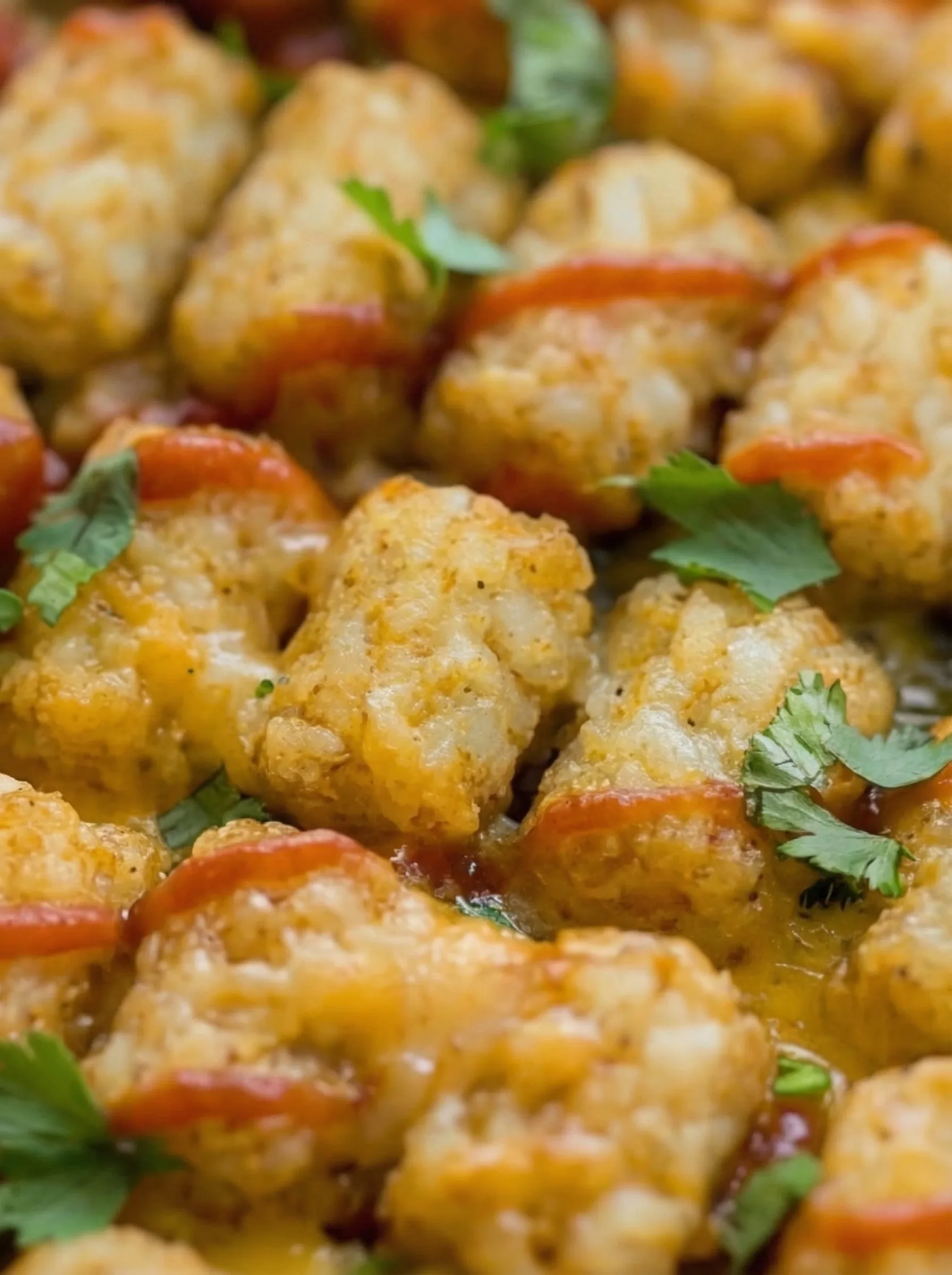 crispy golden tater tots baked over creamy beef casserole with melted cheese and herbs