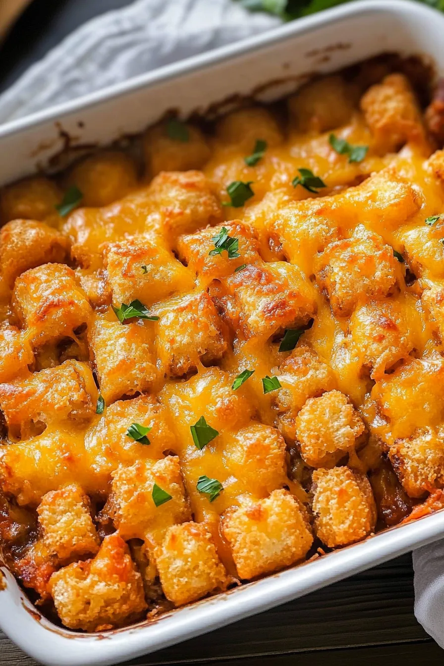 A casserole pan filled with perfectly crisp tater tots and melted cheese on top.