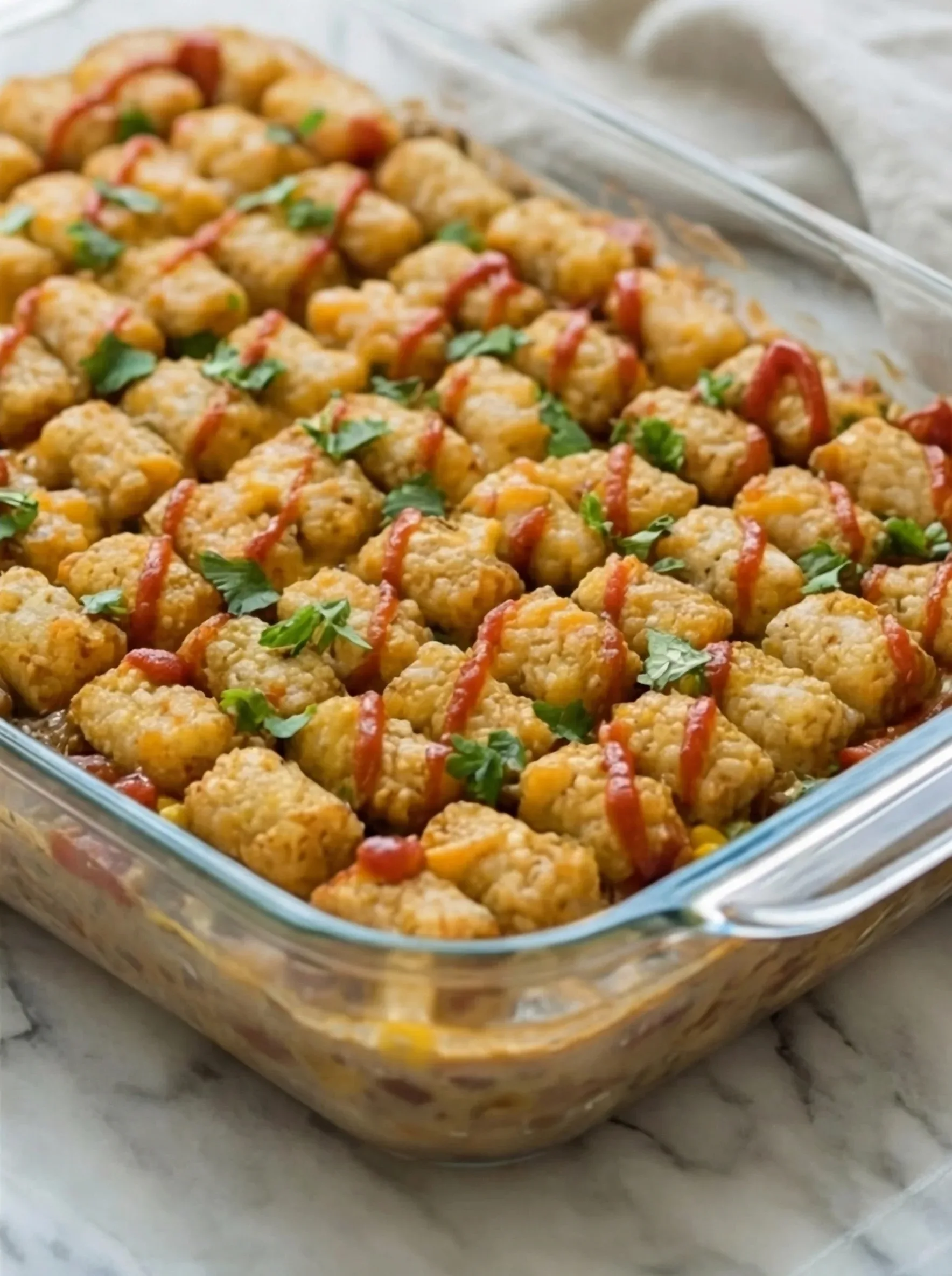 baked casserole topped with crunchy tater tots melted cheese and seasoned ground beef mixture