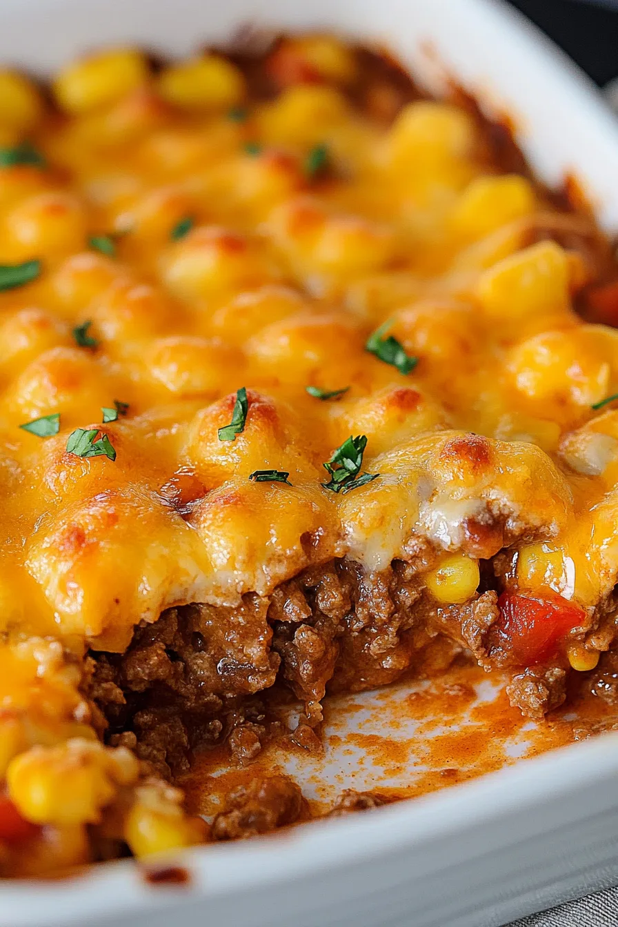 Close-up of a bubbly, cheesy tater tot topping fresh out of the oven.