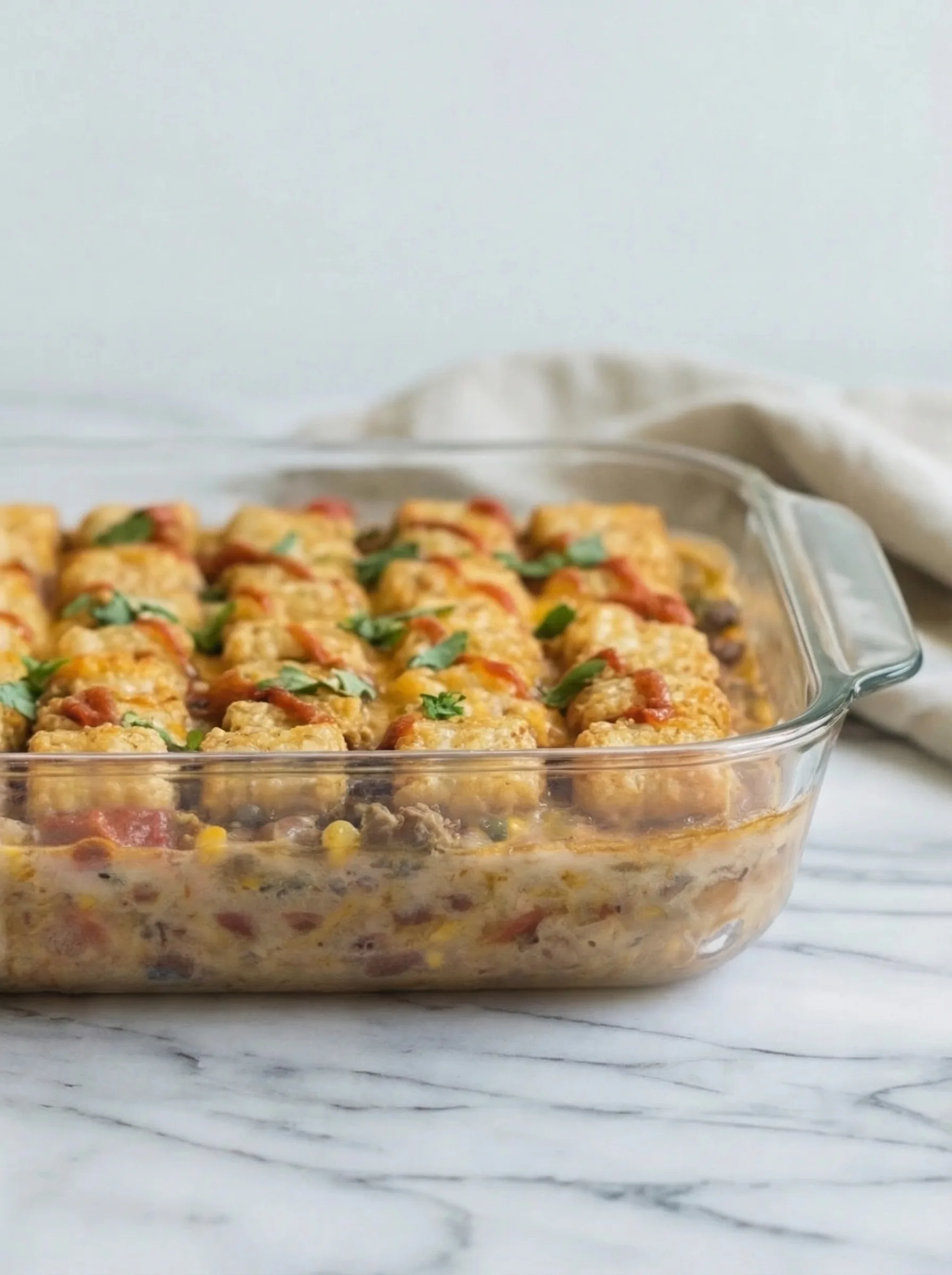 cheesy cowboy casserole with ground beef corn beans and crispy tater tots in glass dish