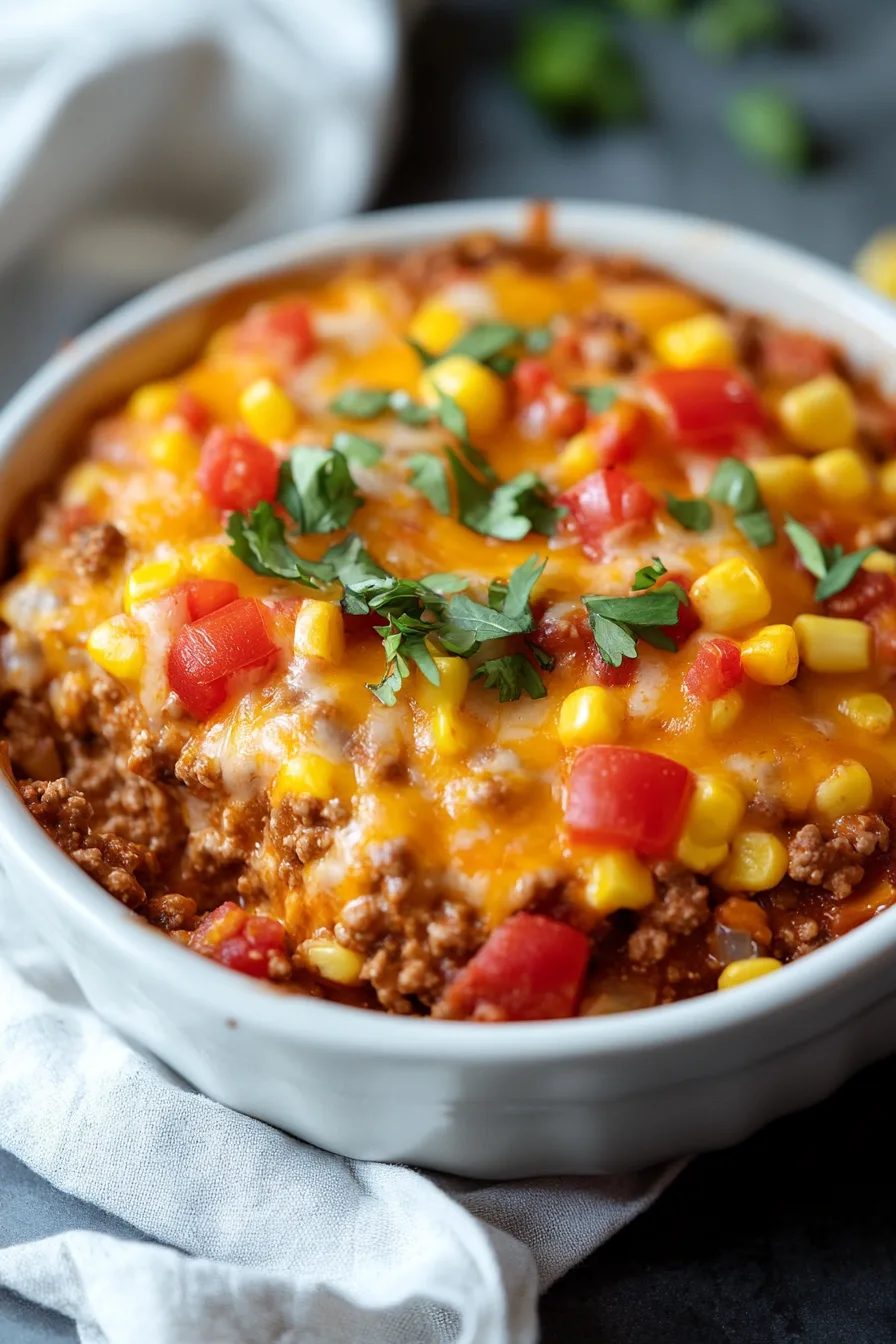 Overhead view of a hot, cheesy casserole with browned tater tots across the top.