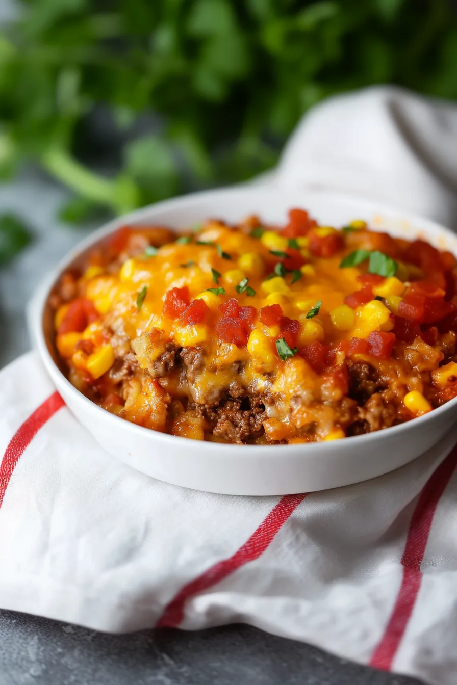 Crispy tater tots layered over a savory casserole base, sprinkled with fresh herbs.