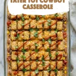Tater Tot Cowboy Casserole topped with crispy tater tots melted cheese ground beef and herbs