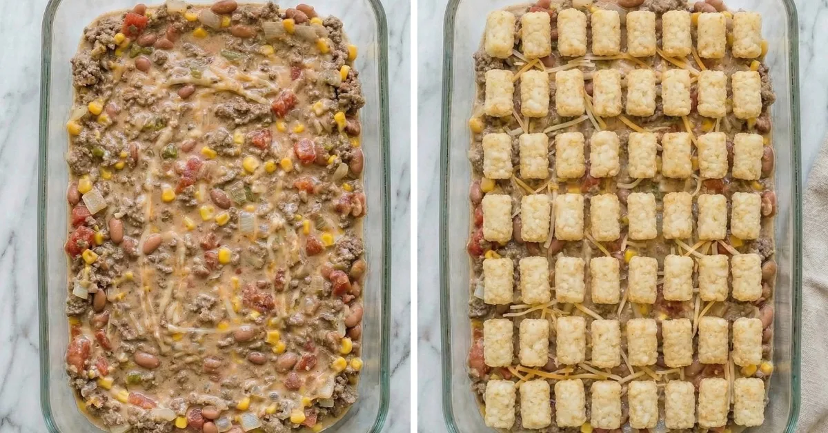 step-by-step Tater Tot Cowboy Casserole layered with ground beef beans corn creamy sauce and topped with tater tots