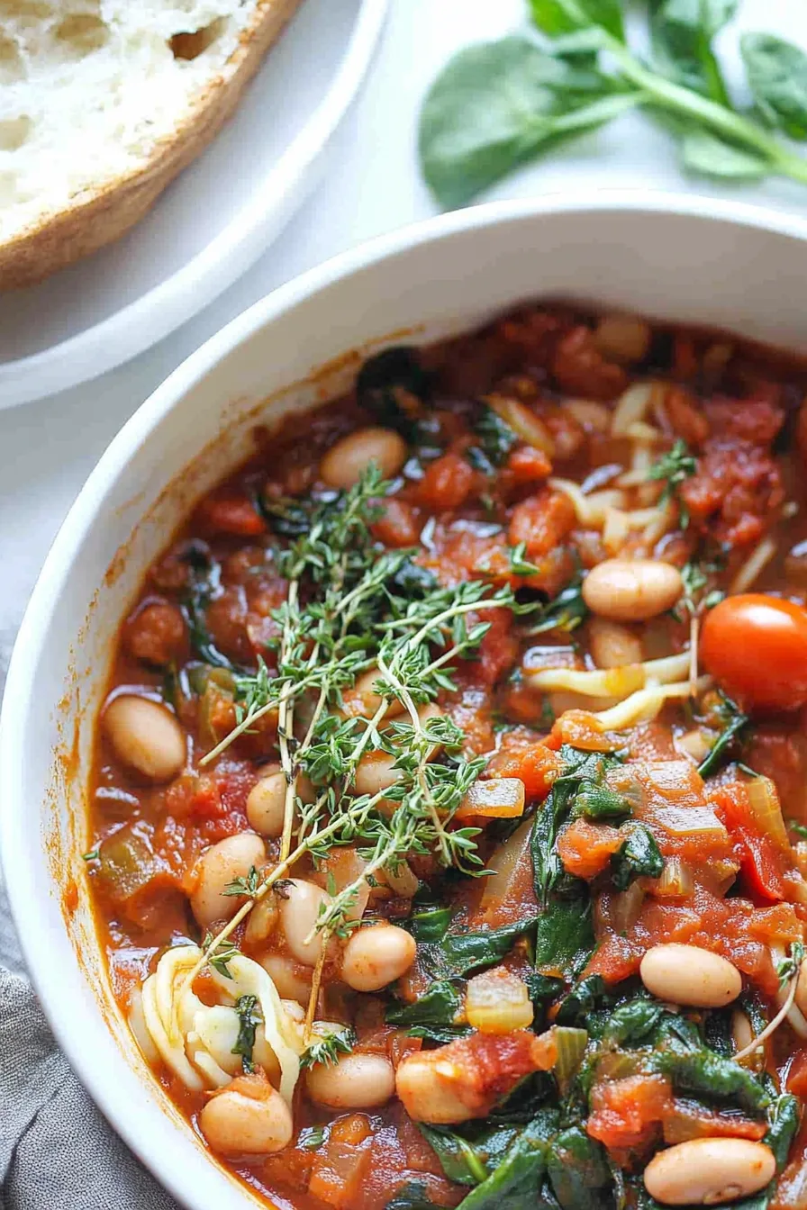 Hearty bowl of white bean stew with tomatoes and fresh spinach.
