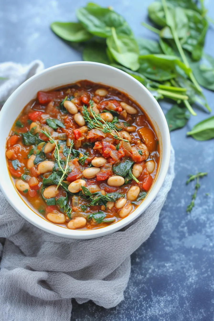 Warm, rustic stew made with tomatoes, spinach, and tender white beans.