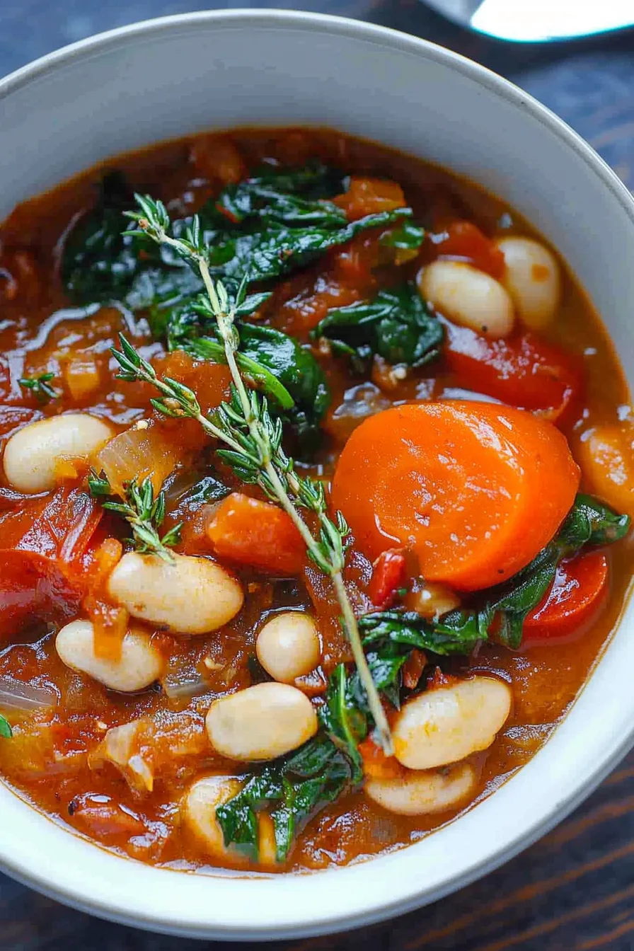 Savory bean and spinach stew garnished with sprigs of thyme.
