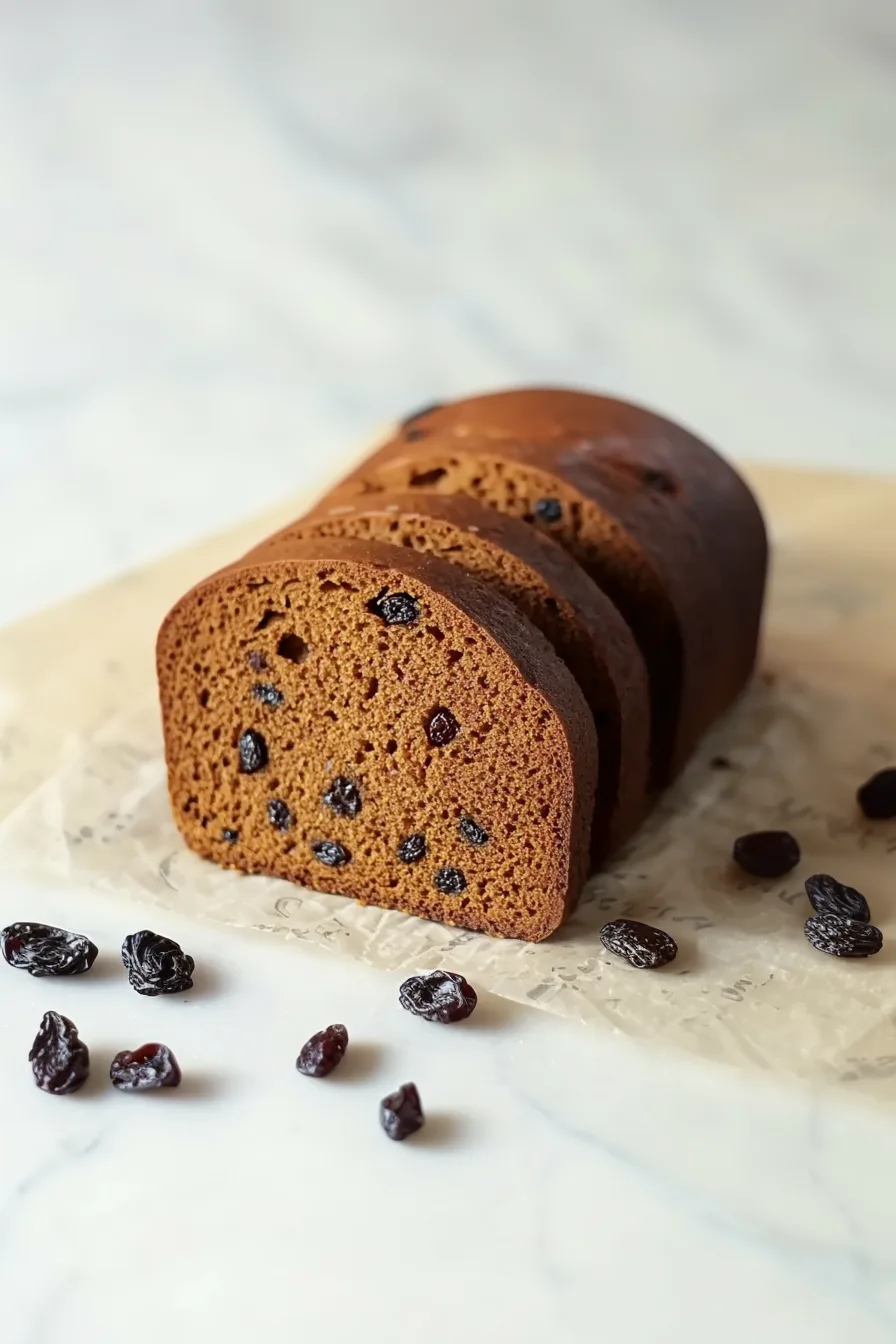 Sliced dark, steamed loaf arranged neatly on a serving board.