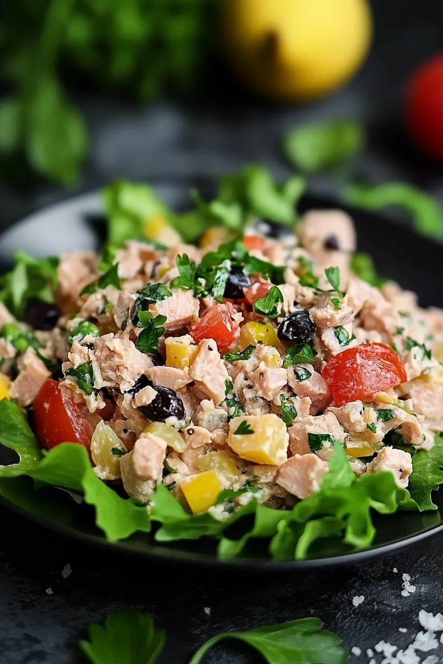 Healthy tuna and veggie salad served on crisp lettuce leaves, ready to enjoy.