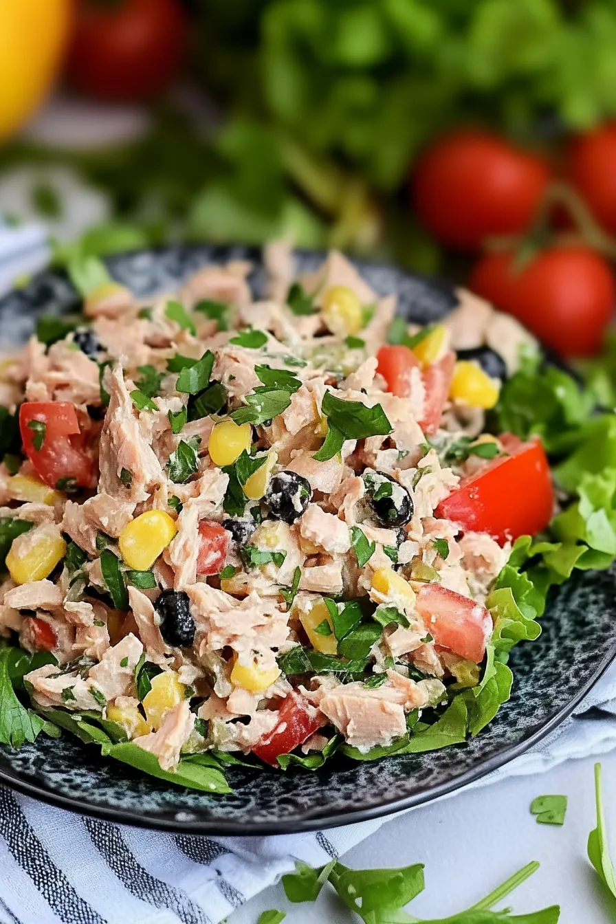 Close-up of a Mediterranean-style tuna salad with olives, peppers, and parsley.