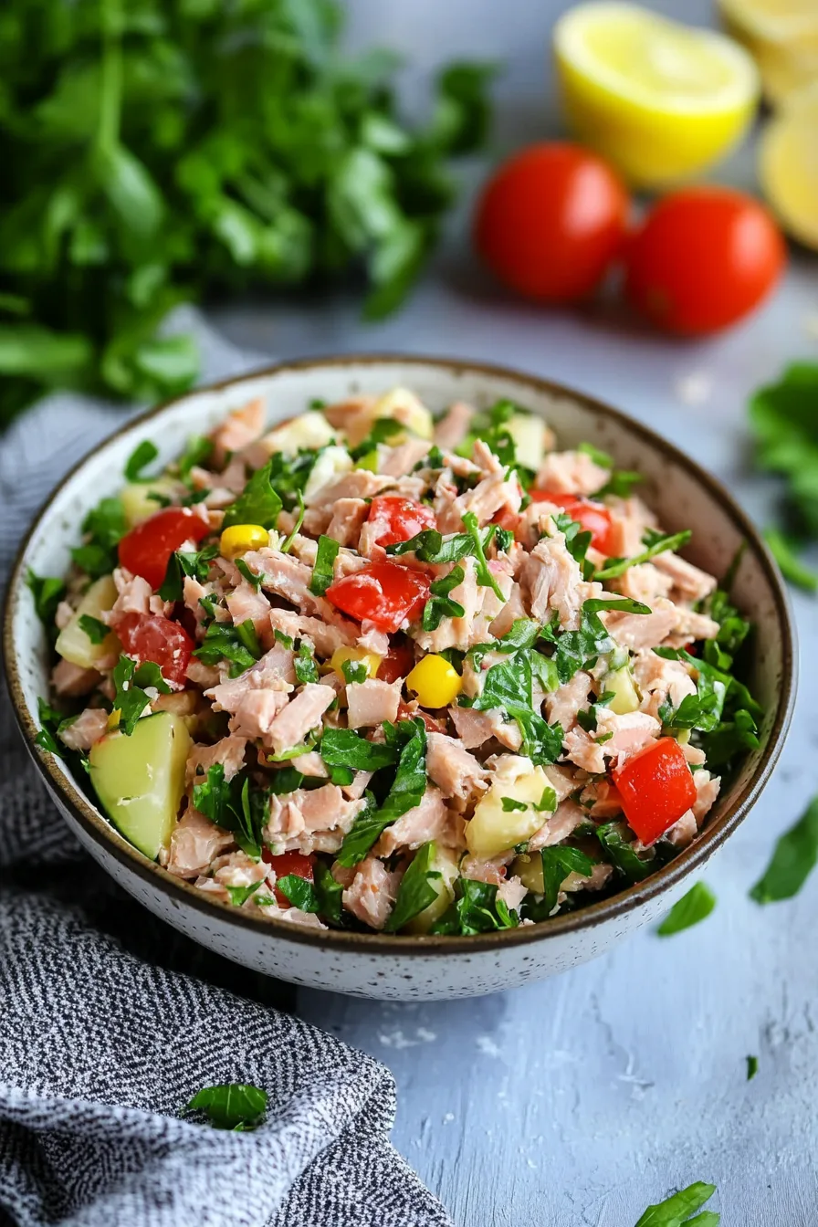 Vibrant bowl of tuna salad featuring cherry tomatoes, olives, and yellow bell peppers.