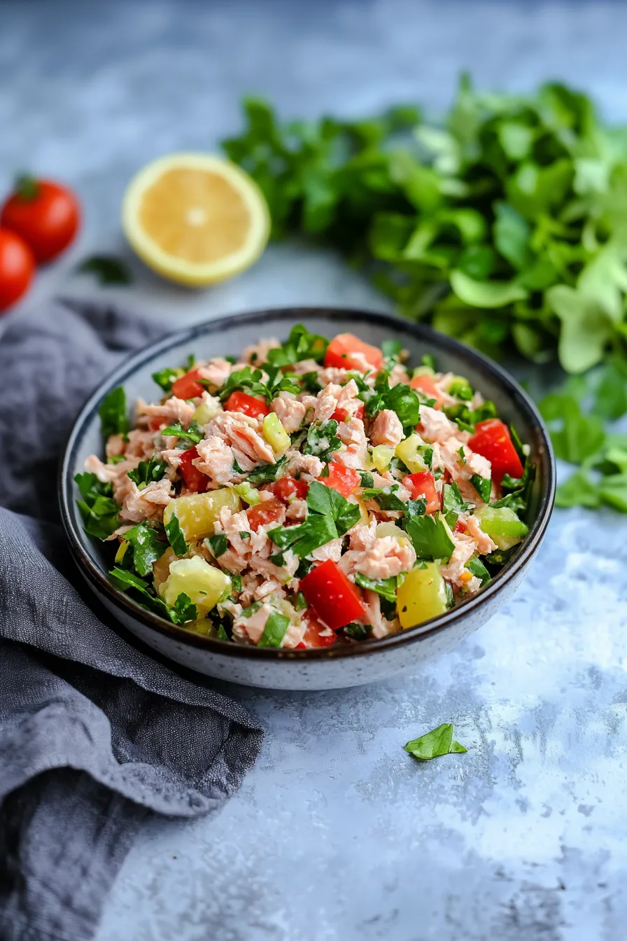 Plate of creamy tuna and vegetable salad garnished with fresh greens.