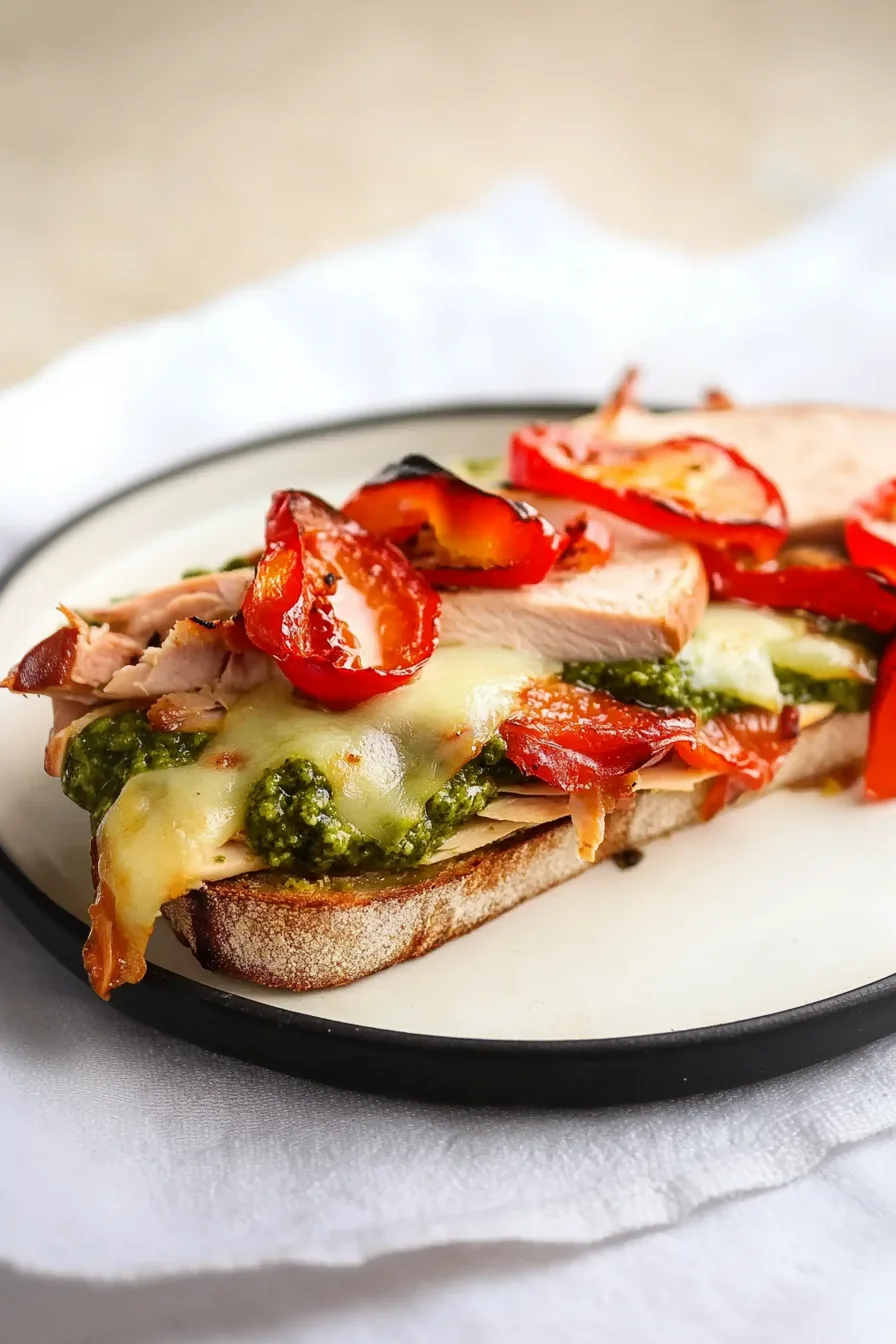 Toasted bread layered with sliced turkey, pesto, and fresh toppings.