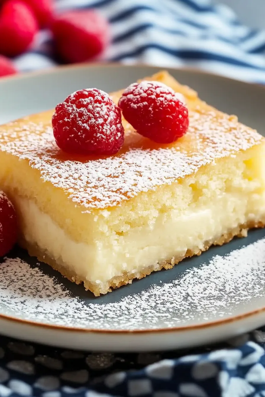 Close-up of a golden sponge dessert with a creamy center, dusted with sugar and served with raspberries.
