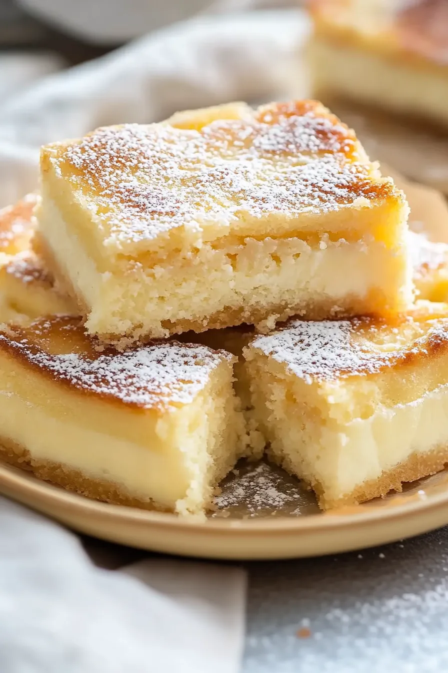 A soft, layered slice of custard-filled cake topped with fresh berries and powdered sugar on a ceramic plate.