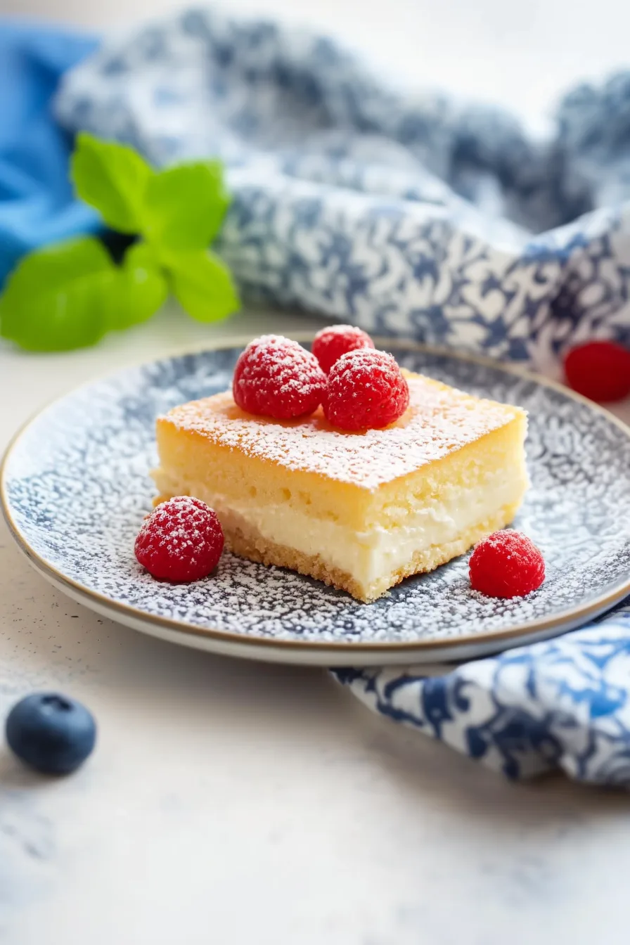A fluffy, custard-layered dessert slice on a plate with berries in the background.