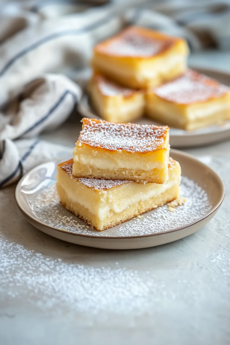 A plated square of light, airy cake showing its delicate layers, finished with powdered sugar.