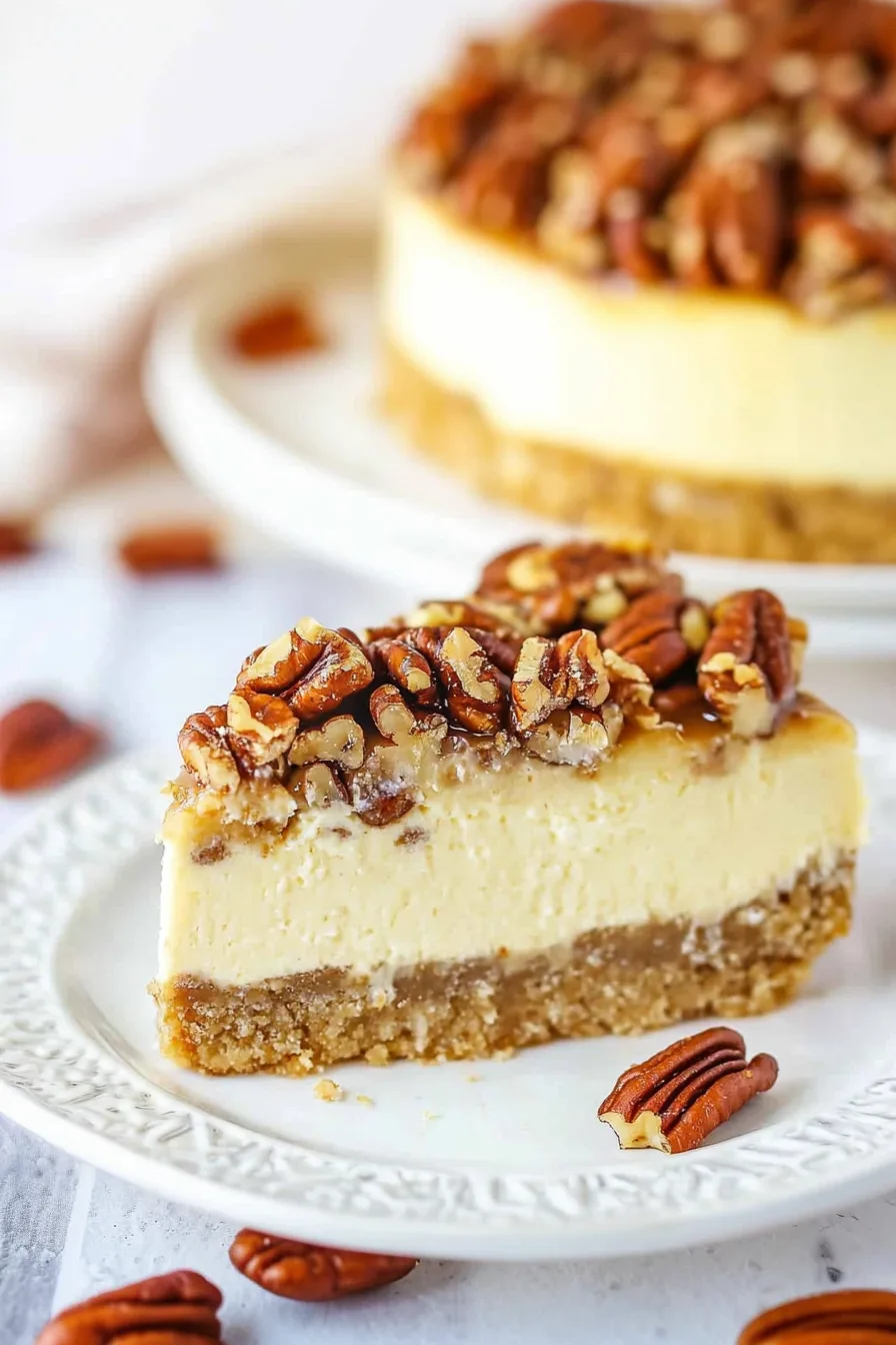 Smooth, golden-topped cheesecake slice showing its crunchy nut base.