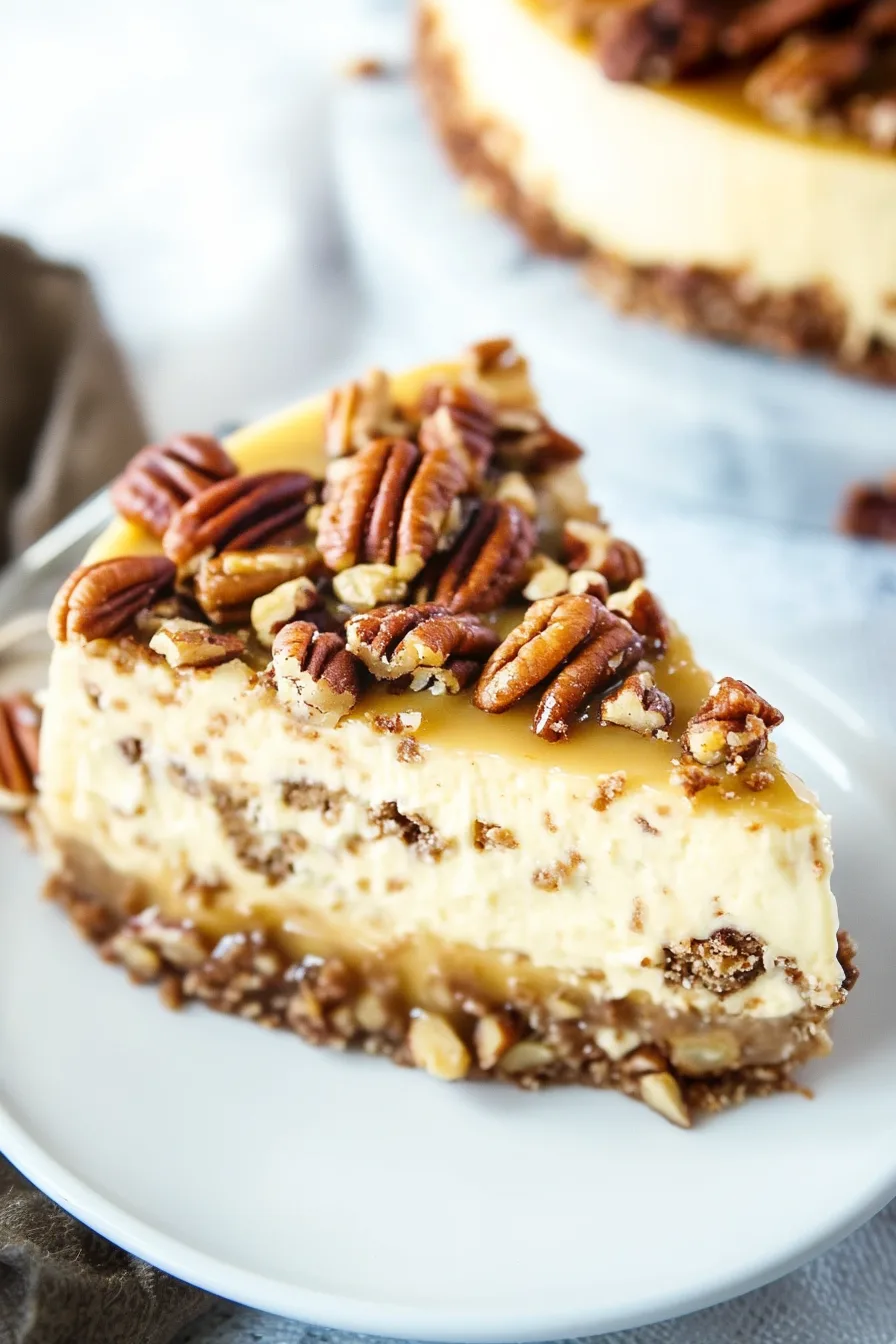 Cheesecake piece on a white plate, finished with a generous layer of toasted nuts.