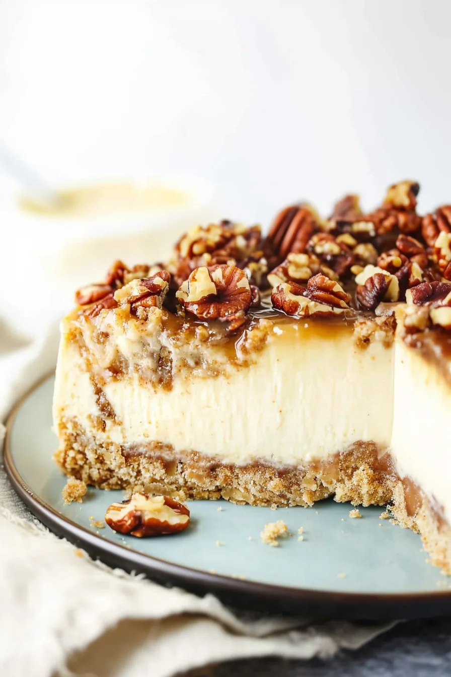 Slice of creamy layered cheesecake topped with glossy caramel and chopped nuts.