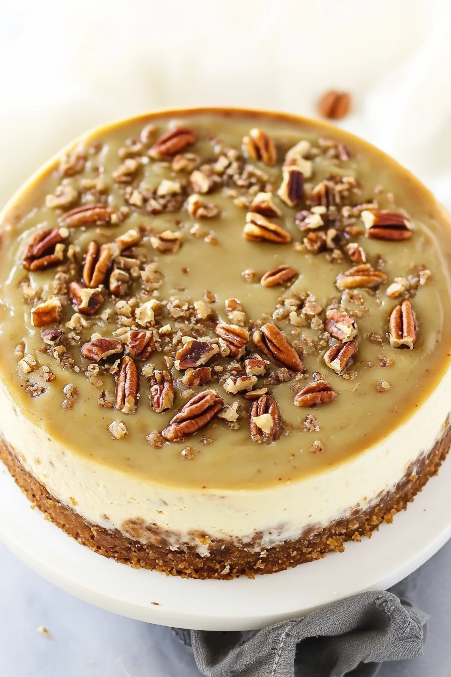 Close-up of a rich cheesecake slice with a nut-filled crust and caramel drizzle.