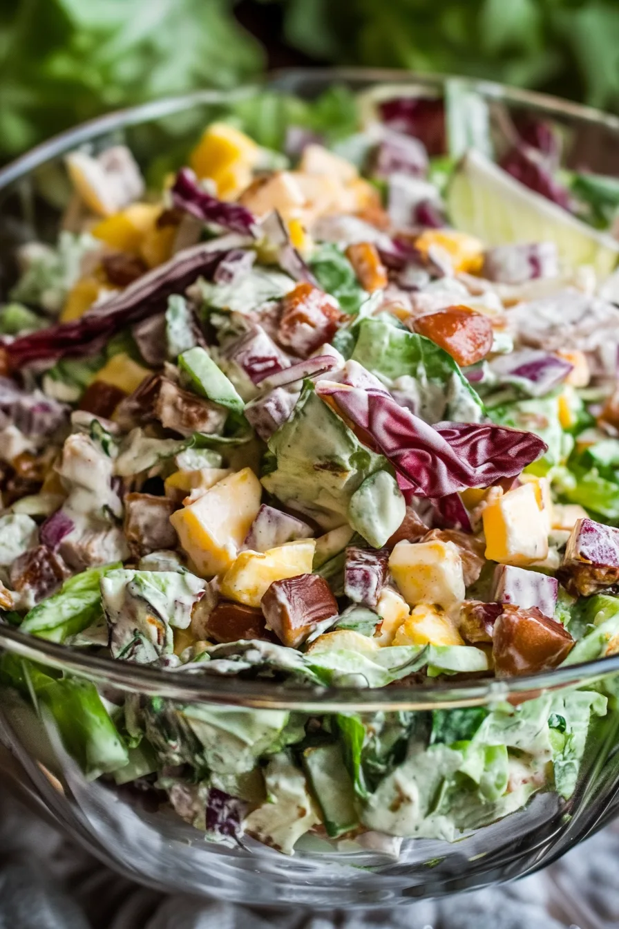 A close-up of a colorful layered salad with creamy dressing in a glass bowl.