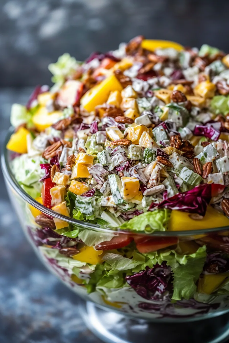 Mixed chopped vegetables, cheese, and toppings combined in a creamy festive-style salad.