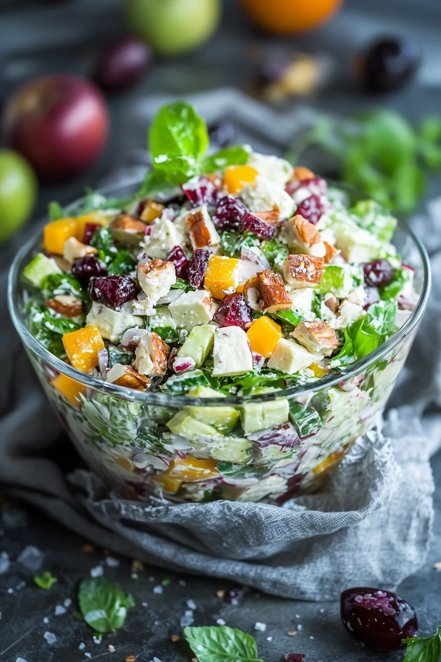 Overhead view of a vibrant salad featuring mixed greens, diced veggies, and creamy dressing.