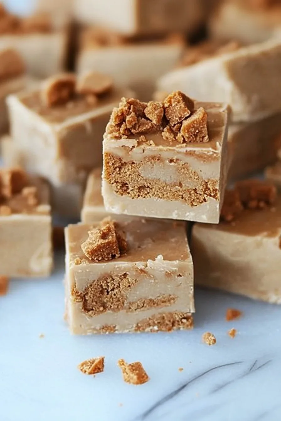 Rich, buttery fudge pieces arranged on a light surface with cookie crumbs around them.