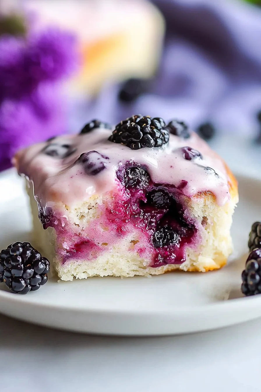 Slice of a fluffy roll showing pockets of baked berries and glossy glaze.