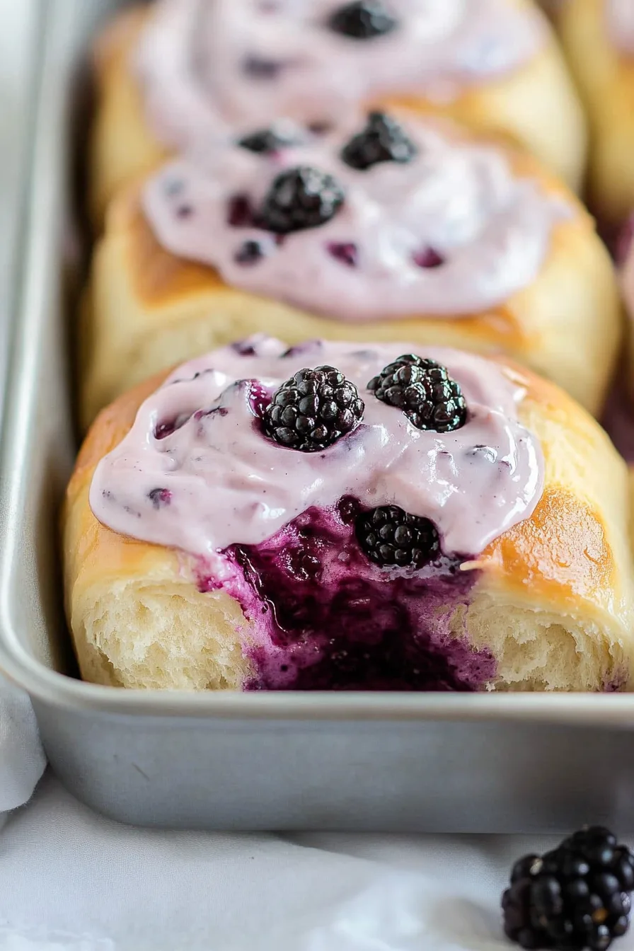 Close-up of a soft pastry swirled with vibrant purple berry filling.