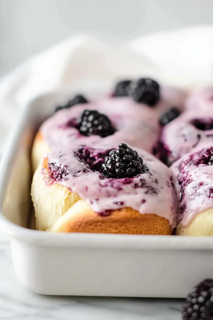 Berry-filled sweet roll covered in pale icing and crowned with blackberries.