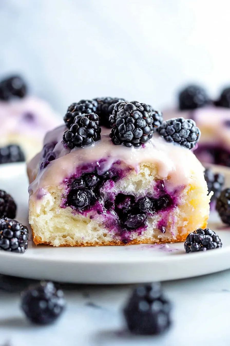 A glazed roll filled with juicy blackberries, topped with fresh berries.